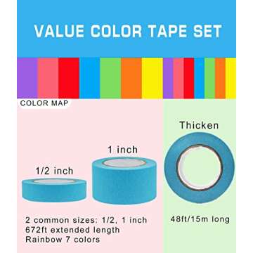 14 PCS Masking Painters Tape Colored 1 Inch 1/2 Inch with Dispenser - Rainbow Masking Tape 14 Pack X...