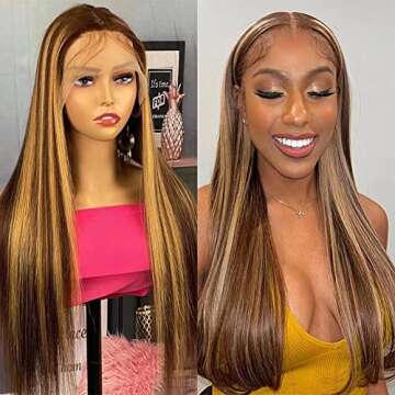 Maxine 32 Inch Ombre Highlight Lace Front Human Hair Wig 180% Density Brown Blonde Mixed Color Brazi...