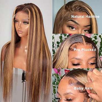 Maxine 32 Inch Ombre Highlight Lace Front Human Hair Wig 180% Density Brown Blonde Mixed Color Brazilian Virgin Straight Hair 13x4 Straight Colored Lace Front Wig Human Hair for Black Women