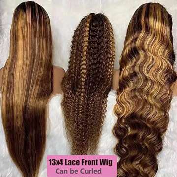 Maxine 32 Inch Ombre Highlight Lace Front Human Hair Wig 180% Density Brown Blonde Mixed Color Brazilian Virgin Straight Hair 13x4 Straight Colored Lace Front Wig Human Hair for Black Women