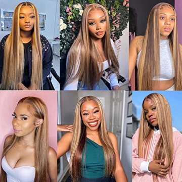 Maxine 32 Inch Ombre Highlight Lace Front Human Hair Wig 180% Density Brown Blonde Mixed Color Brazilian Virgin Straight Hair 13x4 Straight Colored Lace Front Wig Human Hair for Black Women