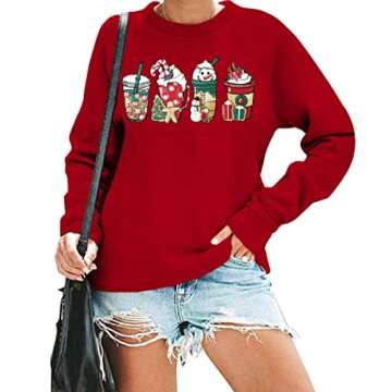 Christmas Sweatshirt Women Merry and Bright Christmas Shirt Funny Cute Ice Cream Graphic Tee Xmas Ho...