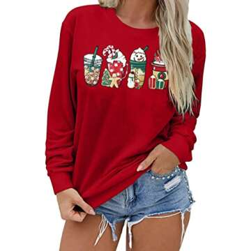 Christmas Sweatshirt Women Merry and Bright Christmas Shirt Funny Cute Ice Cream Graphic Tee Xmas Holiday Shirts