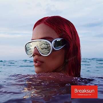 Breaksun Fashion Wave Mask Sunglasses for Women Men Oversized Silver Mirrored Futuristic Shield Sun ...