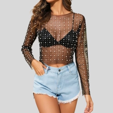 Buy Naileksi Pearl Rhinestone Sheer Crop Top Online
