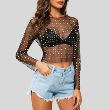 Buy Naileksi Pearl Rhinestone Sheer Crop Top Online
