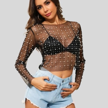 Buy Naileksi Pearl Rhinestone Sheer Crop Top Online