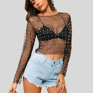 Buy Naileksi Pearl Rhinestone Sheer Crop Top Online