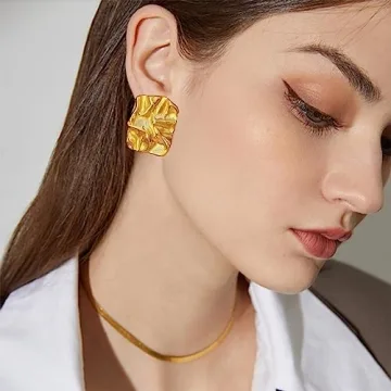 Chunky Gold Rectangle Stud Earrings for Women, Dainty Thick Stud Earrings, Minimalist Geometric Earrings for Women (Gold A)