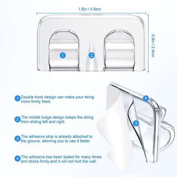 Hooks for Outdoor String Lights Clips: 26Pcs Heavy Duty Light Hook with Waterproof Adhesive Strips - Outside Clear Cord Holders for Hanging Christmas Lighting - Outdoors Sticky Clip