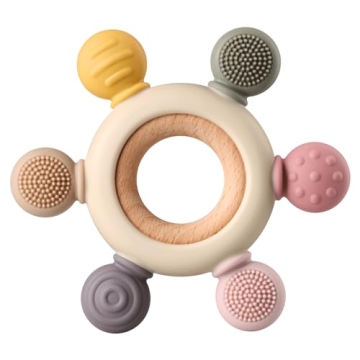Eco-Friendly Baby Teething Toy with Textures and Wooden Ring