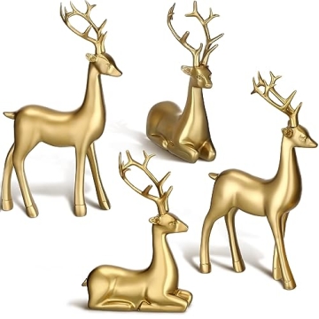 Thyle 4 Pcs Christmas Resin Sitting Standing Deer Statue Reindeer Figurines for Home Indoor Rustic C...