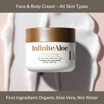 InfiniteAloe Complete Skin Care, Aloe Vera Powered Face and Body Cream for Dry Skin Relief, Fragrance Free - 4 Large Jar 8 oz & 4 Travel Jar 0.5 oz