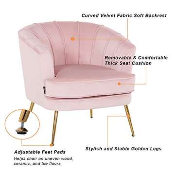 Artechworks Modern Velvet Barrel Chair Accent Armchair with Golden Legs for Living Room Bedroom Home Office, Channel Tufted Back Club Chair, Pink