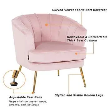 Artechworks Modern Velvet Barrel Chair Accent Armchair with Golden Legs for Living Room Bedroom Home Office, Channel Tufted Back Club Chair, Pink