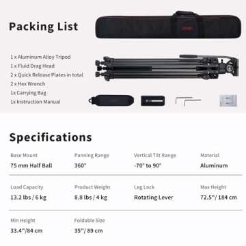 Cayer BV30L Video Tripod System, 72" Heavy Duty Aluminum Twin Tube Tripod with K3 Fluid Head, 75mm Flat Base, Max Load 13.2lbs, for DSLR Cameras, Camcorders, Includes 2 Quick Release Plates