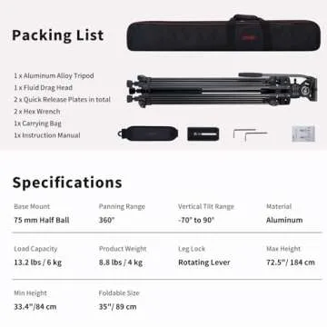 Cayer BV30L Video Tripod System, 72" Heavy Duty Aluminum Twin Tube Tripod with K3 Fluid Head, 75mm Flat Base, Max Load 13.2lbs, for DSLR Cameras, Camcorders, Includes 2 Quick Release Plates