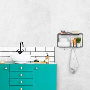 Spectrum Diversified Vintage Wall Mount Cube & Hook Station with Wood Shelf, Wall-Mounted Entryway O...