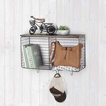 Spectrum Diversified Vintage Wall Mount Cube & Hook Station with Wood Shelf, Wall-Mounted Entryway Organization Cube Storage & Shelf with Hooks, Entryway & Home Office Décor