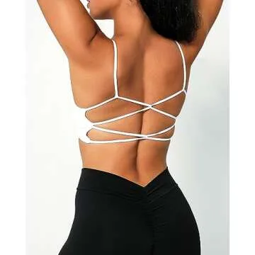 Danysu Womens Backless Sports Bra Open Back Workout Top Light Support Strappy Sport Bra Cute Gym Clothes Crisscross Princess White XS