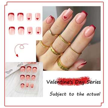 Valentine Press on Nails with Red French Nail Tips Design Heart Fake Nails Medium Square Nail for Women Girls Glitter Glossy Acrylic False Nail Kits Static Stick on Nails Reusable Full Cover 24Pcs
