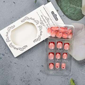 Valentine Press on Nails with Red French Nail Tips Design Heart Fake Nails Medium Square Nail for Women Girls Glitter Glossy Acrylic False Nail Kits Static Stick on Nails Reusable Full Cover 24Pcs