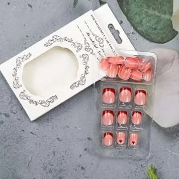 Valentine Press on Nails with Red French Nail Tips Design Heart Fake Nails Medium Square Nail for Women Girls Glitter Glossy Acrylic False Nail Kits Static Stick on Nails Reusable Full Cover 24Pcs