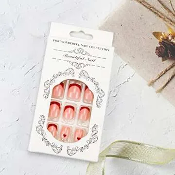 Valentine Press on Nails with Red French Nail Tips Design Heart Fake Nails Medium Square Nail for Women Girls Glitter Glossy Acrylic False Nail Kits Static Stick on Nails Reusable Full Cover 24Pcs