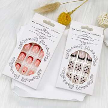 Valentine Press on Nails with Red French Nail Tips Design Heart Fake Nails Medium Square Nail for Women Girls Glitter Glossy Acrylic False Nail Kits Static Stick on Nails Reusable Full Cover 24Pcs