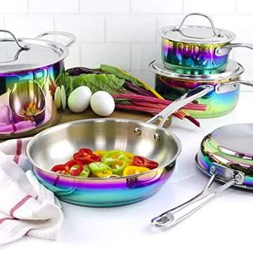 The Magical Kitchen Collection - Iridescent Rainbow Cookware Set - Premium Heavy Duty Stainless Steel and Titanium Pots & Pans Set - Rust Proof, Induction Stove & Oven-Safe (10 Piece)