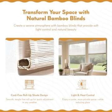 Radiance Cordless Bamboo Roman Shades for Windows - Matchstick Bamboo Blinds for Semi-Private Light Control - Easy to Lift & Fold Up Window Shades - White - 31" W x 64" L - (2215330E)