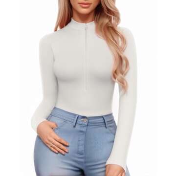 MANGOPOP Long Sleeve Body Suit Mock Turtle Neck Zip Up Bodysuit for Women Ribbed Deep V Sexy Bodysui...