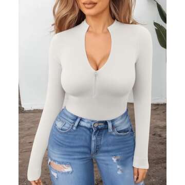 MANGOPOP Long Sleeve Body Suit Mock Turtle Neck Zip Up Bodysuit for Women Ribbed Deep V Sexy Bodysuit Shirts