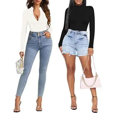 MANGOPOP Long Sleeve Body Suit Mock Turtle Neck Zip Up Bodysuit for Women Ribbed Deep V Sexy Bodysuit Shirts