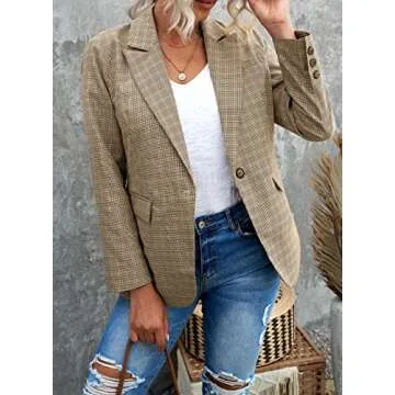 BLENCOT Casual Blazers Long Sleeve Open Front Work Jackets Blazer Fall Office Blazers Medium Plaid Khaki