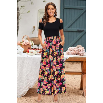 Stylish Summer Maxi Dress with Cold Shoulders and Pockets