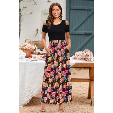 Stylish Summer Maxi Dress with Cold Shoulders and Pockets