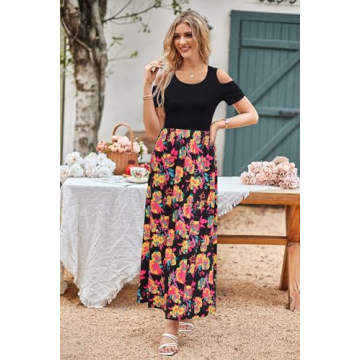 Stylish Summer Maxi Dress with Cold Shoulders and Pockets