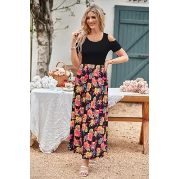 Stylish Summer Maxi Dress with Cold Shoulders and Pockets