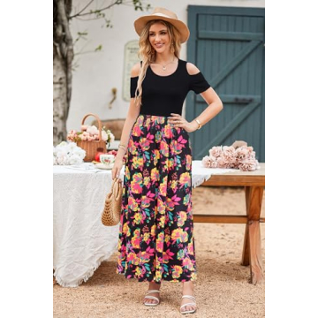 Stylish Summer Maxi Dress with Cold Shoulders and Pockets
