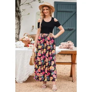 Stylish Summer Maxi Dress with Cold Shoulders and Pockets