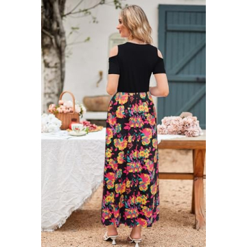 Stylish Summer Maxi Dress with Cold Shoulders and Pockets