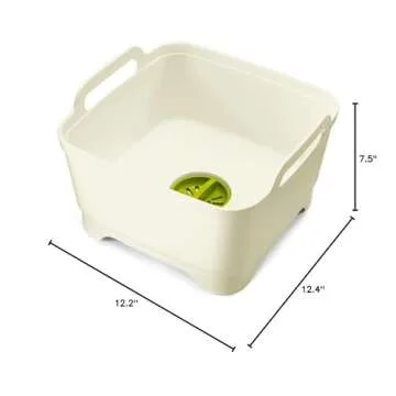 Joseph Joseph 85055 Wash & Drain Wash Basin Dishpan with Draining Plug Carry Handles 12.4-in x 12.2-in x 7.5-in, White