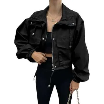 Tankaneo Women's Cropped Jacket Zip Up Lightweight Oversized Utility Anorak Coat with Pockets