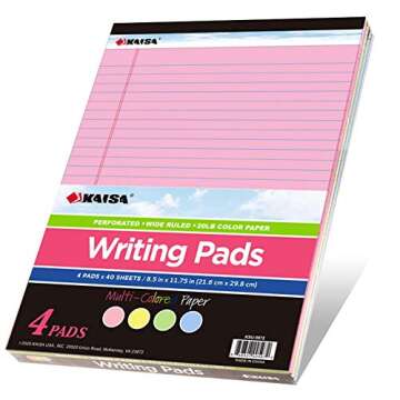 KAISA Colored Legal Pad Writing Pads 8.5x11 inch, Wide Ruled, 40 Sheets/Pad, 20lb Colored Paper, Perforated Writing Pad with Sturdy Back (4 Pads), KSU-5972