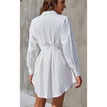 Rozegaga Womens Sexy Deep V Neck Collared Button Down Long Sleeve Cinched Waist Mini Shirt Dresses White Medium