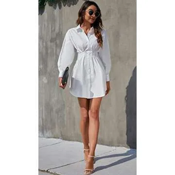 Rozegaga Womens Sexy Deep V Neck Collared Button Down Long Sleeve Cinched Waist Mini Shirt Dresses White Medium