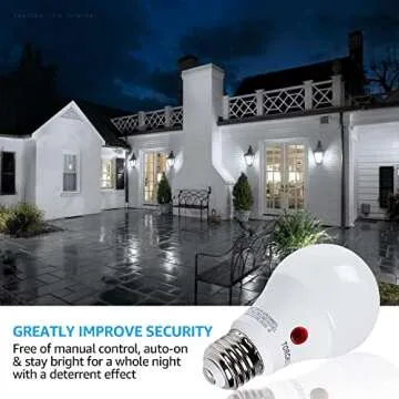 TORCHSTAR Dusk to Dawn Light Bulbs Outdoor, Sensor A19 LED Light Bulb, Auto on/Off Photocell Automatic for Outdoor Lighting, 5000K, Pack of 4