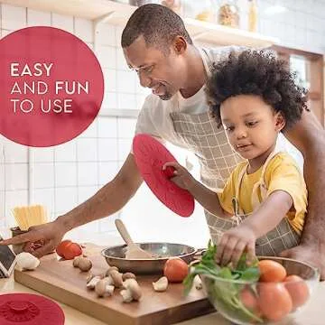 Silicone Bowl Lids Red, Set of 5 Reusable Suction Seal Covers for Bowls, Pots, Cups. Food Safe Natural grip, interlocking handles for easy use and storage.