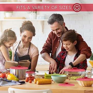 Silicone Bowl Lids Red, Set of 5 Reusable Suction Seal Covers for Bowls, Pots, Cups. Food Safe Natural grip, interlocking handles for easy use and storage.